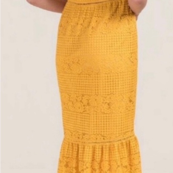Francesca’s Collection Embroidered Lace Mermaid Midi Dress-Mustard - Picture 2 of 8